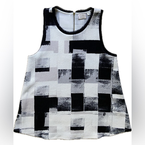 ANTHROPOLOGIE POSTMARK ANZERE White Black Tank Square Pattern Fringe Top SZ S - Picture 2 of 5